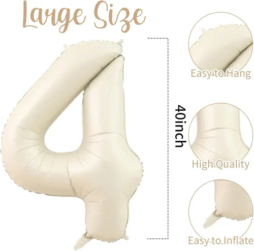 Vista 2 de Globos de 40 pulgadas con números 4 color blanco crema, globo grande del número 4 con 6 globos de helio de papel de aluminio, globos grandes