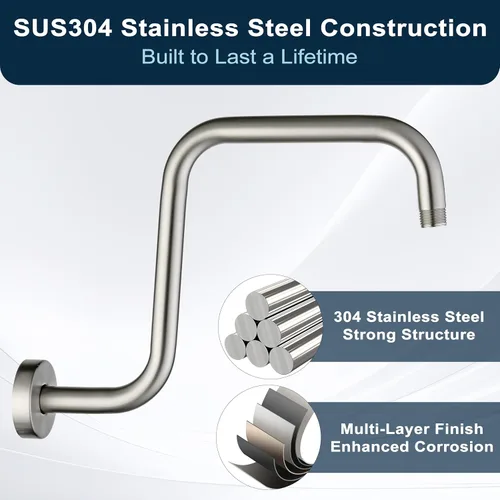 Vista 2 de BRIGHT SHOWERS Brazo de extensión de cabezal de ducha de 33 cm con brida en forma de "S" elevador de alto alcance, brazo largo de tubo de ducha