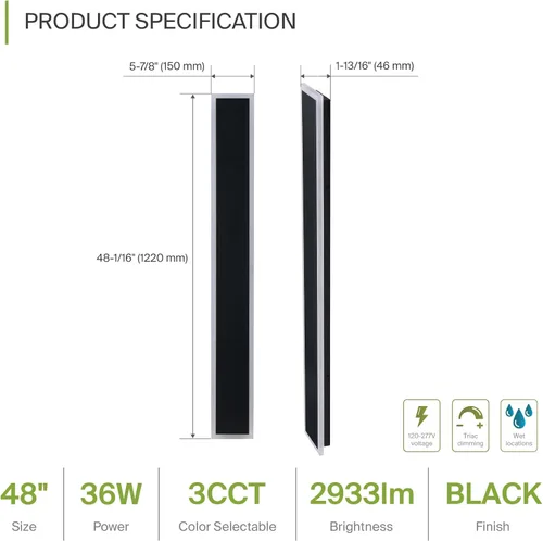 Vista 2 de ASD Lámpara LED de pared de montaje empotrado de 48 pulgadas de largo, 36 W, 2800 lúmenes, 3000 K-5000 K, 100-277 V, 3CCT, regulable, impermeable