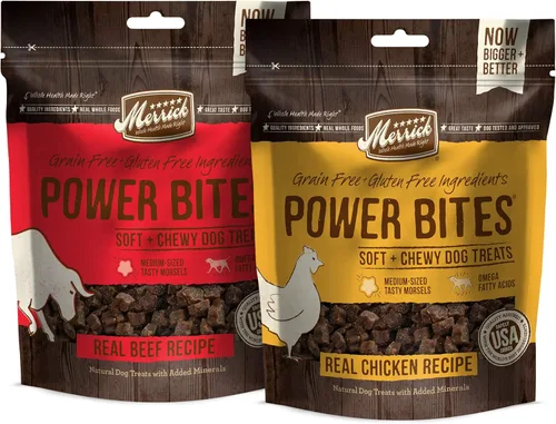 Merrick Power Bites - Paquete de golosinas para perros sin granos, 2 sabores (pollo y carne de res real de Texas)