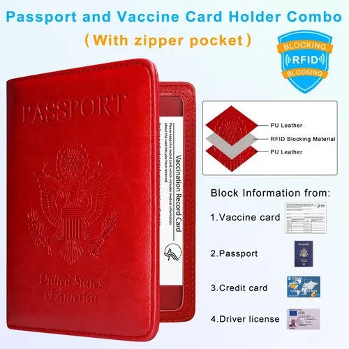 Vista 3 de ACdream Combo de portatarjetas de pasaporte y vacunación con bolsillo con cremallera, funda con ranura para tarjeta de vacunación CDC, protector