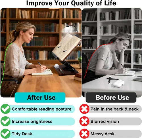 Vista 3 de Soporte para libros con luz y almacenamiento, soportes para libros para leer manos libres, soporte de madera para libros de cocina con altura