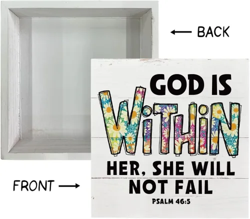 Vista 3 de Letreros de madera cristiana, versículo de la Biblia, Salmo 46:5 - God is Within Her, She Will Not Fail, decoración de mesa con diseño de girasol
