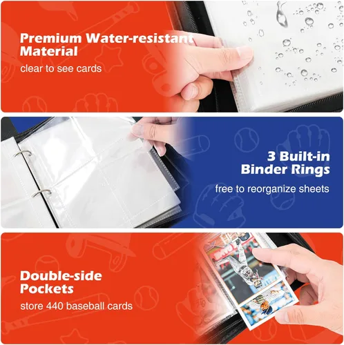 Vista 4 de ProCase Carpeta de tarjetas de béisbol de 4 bolsillos para 440 tarjetas, álbum de tarjetas comerciales deportivas con 55 fundas para tarjetero Azul