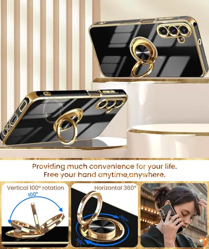 Vista 4 de Dretal Funda para Samsung Galaxy A15 5G, protector de pantalla, soporte de anillo giratorio de 360°, soporte magnético, borde dorado plateado, funda