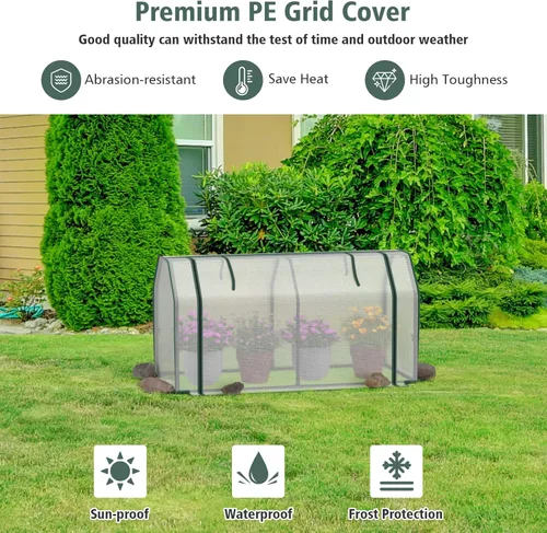 Vista 8 de Giantex Cama de jardín elevada con mini invernadero, con puerta de doble cremallera, maceta de 48 x 22 x 54 pulgadas con casa verde para patio, Gris