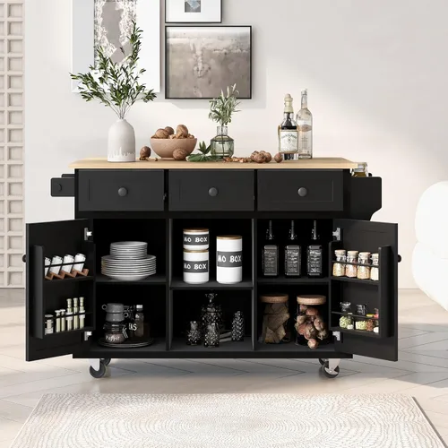 Vista 65 de P PURLOVE Carrito de isla de cocina con parte superior de madera y ruedas de bloqueo, carrito móvil de isla de cocina con armario de 4 puertas