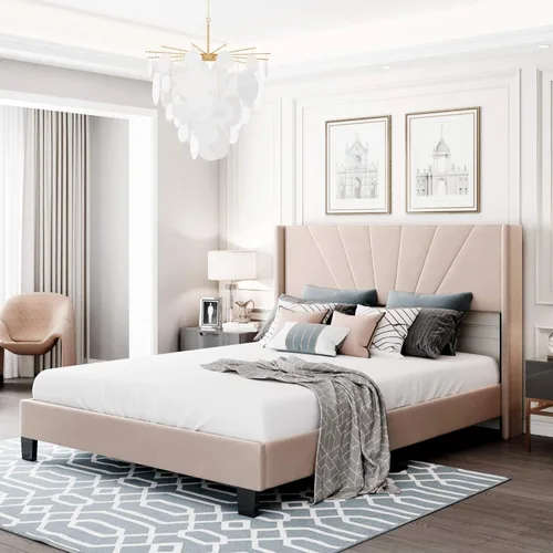 Vista 6 de Base de cama de plataforma tamaño Queen con cabecera tapizada de terciopelo y soporte de listones de madera, cama y cabecera tamaño Queen, no Beige