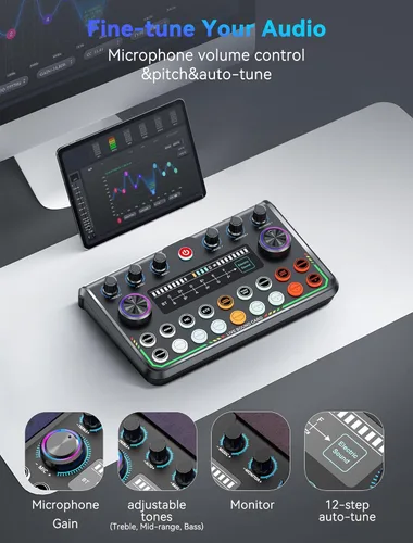 Vista 5 de Paquete de equipo de podcast SINWE para 2, interfaz de audio con micrófono de podcast para smartphone y PC, todo en un solo mezclador DJ