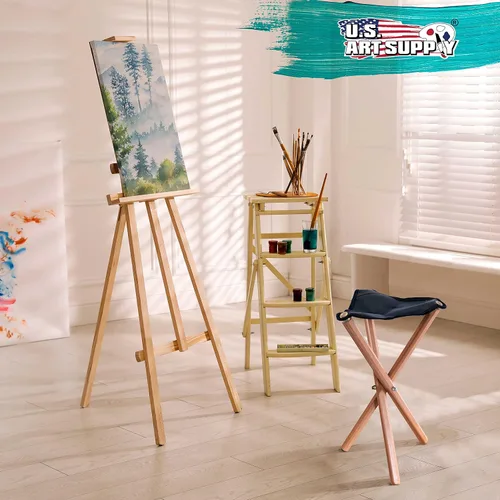Vista 2 de US Art Supply - Taburete plegable portátil de tres patas para artistas de madera