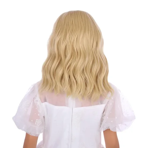 Vista 4 de Peluca rubia para niños, peluca ondulada corta y rizada para niñas, pelucas rubias doradas, pelucas de corte Bob rubio con raya lateral