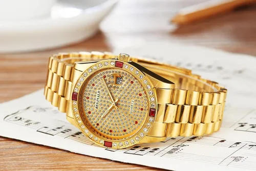 Vista 3 de FANMIS Relojes de lujo unisex con esfera de diamantes, calendario de cuarzo dorado y acero inoxidable