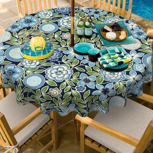 Vista 4 de Outdoor/Indoor Round Tablecloth with Umbrella Hole Zipper, Decorative Circular Table Cover for Home Garden, 60 Inch, Azure Bloom