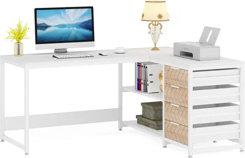 Vista 31 de Tribesigns Escritorio para computadora en forma de L con cajones de almacenamiento, escritorio esquinero de 59 pulgadas con estantes, escritorio