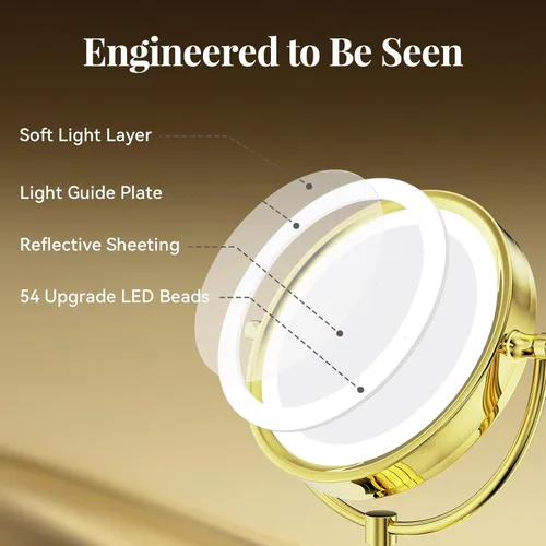 Vista 3 de GURUN Espejo de maquillaje de mesa con luz LED de 8.5 pulgadas con aumento de 10x regulable, 3 colores, control táctil, 4500 mAh, acabado dorado
