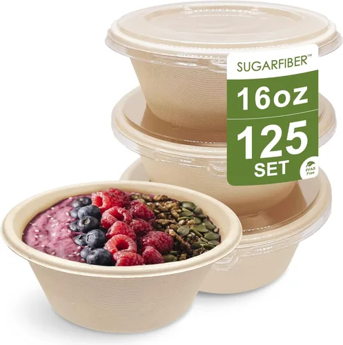 Vista 10 de [500 SET]Harvest Pack PFAS FREE 32oz Round Compostable Bowls with Flat Lids - Paper Heavy-Duty Eco-Friendly Disposable Bagasse Bowl Sugarcane made