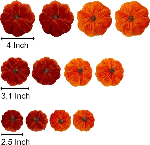 Vista 2 de 12 calabazas artificiales de terciopelo con varios tamaños, cosecha de otoño, decoración de Halloween, decoración de mesa de vacaciones, decoración