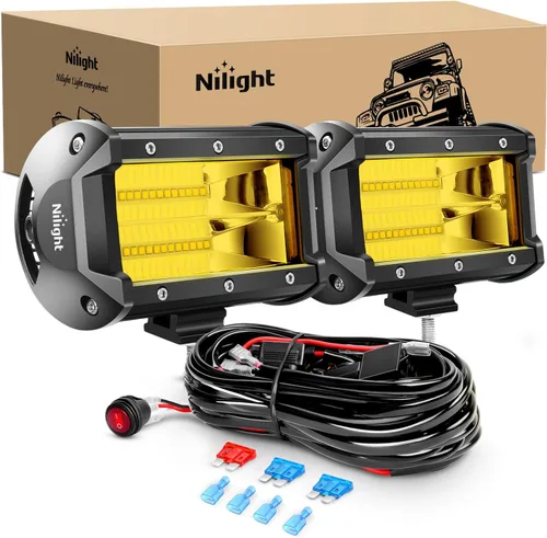 Nilight - Barra de luz LED ZH304, 2 unidades, 5 pulgadas, 72 W, 10800 lúmenes, luz amarilla de inundación, luces todoterreno con kit de arnés de