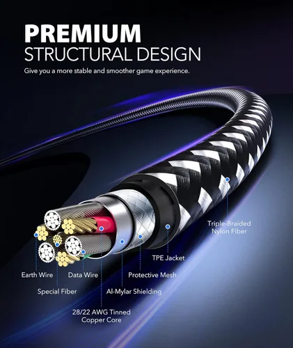 Vista 3 de Cable de carga para controlador PS4 de 10 pies paquete de 2 cables de nailon trenzado extra largo micro USB 20 de alta velocidad compatible