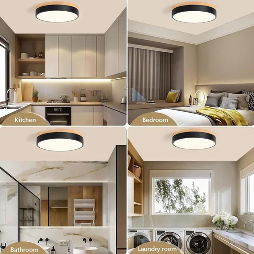 Vista 4 de Lámpara de techo de madera moderna regulable, LED negro 5CCT 2700K-6000K luminaria de montaje empotrado al ras, luminarias redondas para cocina