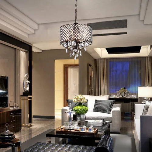 Vista 3 de Edvivi Marya - Candelabro de cristal con 4 luces, acabado de cobre antiguo, lámpara de techo ajustable con pantalla redonda de cristal para sala