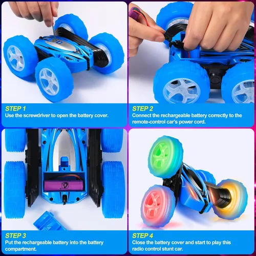 Vista 5 de Auto de control remoto, rotación de 360 con luces de rueda y faros, 4WD 2.4Ghz de doble cara rápido y voltea autos RC para niños de 6 a 12 años