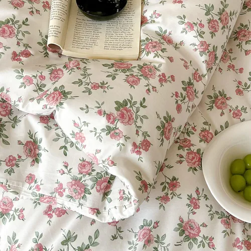 Vista 6 de EAVD Funda de edredón floral rosa estilo jardín, tamaño individual, blanco, suave, 100% algodón, para niñas, bonito juego de ropa de cama floral