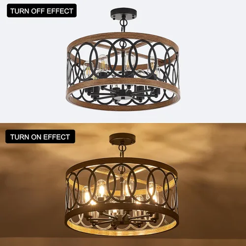 Vista 3 de Lámpara colgante de tambor de granja de 8 luces, 19.68 pulgadas, textura de madera natural, candelabros rústicos vintage, lámparas colgantes