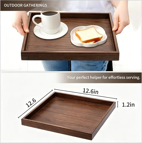 Vista 6 de Bandeja de servir cuadrada de madera para decoración del hogar, bandeja otomana de madera de nogal negro para sala de estar, bandejas de 2-Negro