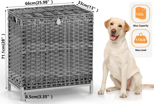 Vista 6 de Cesta de lavandería con 3 bolsas extraíbles con forro extraíble, cesta de lavandería de ratán tejida a mano de 132 litros con pies elevados