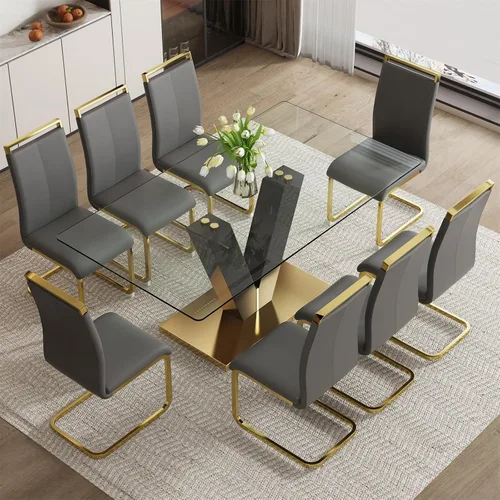 Vista 22 de Juego de mesa de comedor de cristal de 71 pulgadas para 4, juego de mesa de cocina moderno para 4, juego de mesa de comedor para el hogar