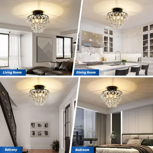 Vista 7 de CM MZY Lámpara de techo moderna de cristal pequeña, lámpara de techo semiempotrada color negro mate, mini candelabros de cristal para pasillo