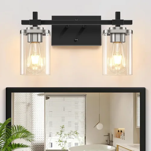 Vista 15 de 2 luces de tocador de baño, accesorios de luz de tocador negro mate sobre espejo, apliques de pared modernos con pantalla de vidrio transparente