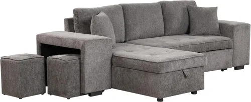 Vista 10 de Sofá cama modular modular modular en forma de L convertible de 3 plazas con diván de almacenamiento y 2 taburetes, juego de muebles reversibles