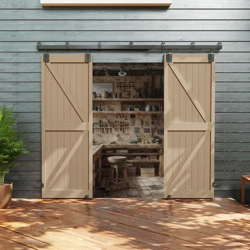 Vista 9 de JUBEST Kit de herrajes para puerta de granero exterior de riel de caja de 4 pies, sistema de riel deslizante para puerta de granero negro