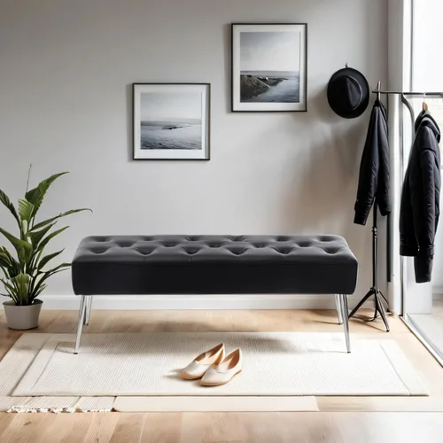 Vista 10 de DUHOME Banco otomano moderno de terciopelo, tapizado con botones, banco de pie de cama con base dorada para entrada, sala de estar, comedor