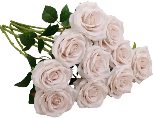 Vista 43 de 10 rosas artificiales abiertas, tallos de rosas artificiales para arreglos de boda, ramo de novia, centro de mesa, flores de seda sintética falsas