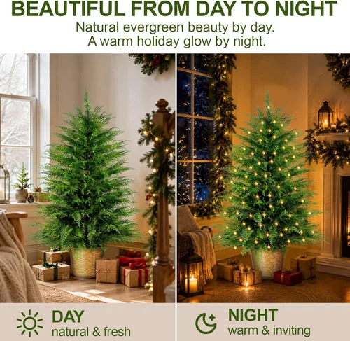 Vista 5 de Árbol de Navidad de cedro artificial preiluminado de 3 pies con luces enchufables, árbol de Navidad en maceta de cedro sintético en cesta decorativa