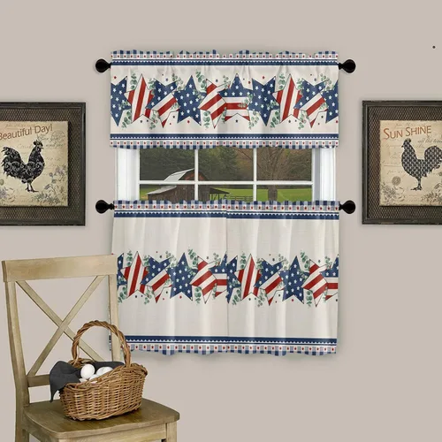 Vista 57 de Cenefa de cocina para ventanas, Día de la Independencia, pentagrama, textura de arpillera a cuadros, semitransparente, con bolsillo para barra