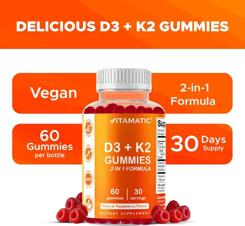 Vista 5 de Vitamatic Gomitas de vitamina D3 + K2 – 60 unidades Apoya la salud ósea, cardíaca e inmune – Promueve la absorción de calcio – A base de plantas