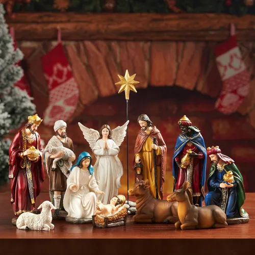 Vista 9 de BESBLEE Juego de 13 piezas de Navidad para interiores, decoración del hogar, decoración clásica de resina, decoración para el hogar, decoración