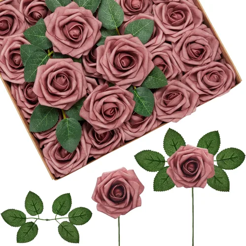 Vista 26 de InnoGear Flores artificiales, 50 unidades de rosas falsas de espuma polvorienta a granel con tallos para decoración, ramos de boda, centros de mesa