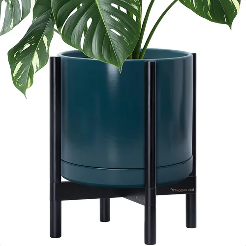 Vista 60 de D'vine Dev Maceta de cerámica con soporte de ébano – Maceta redonda moderna de 8 pulgadas con soporte para maceta de madera, color negro, 55-B-M-2