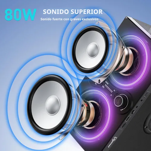 Vista 2 de TPyesss Altavoces Bluetooth, 80 W (pico) inalámbrico TWS altavoz Bluetooth portátil, luces impulsadas por ritmo, altavoz estéreo de 100 dB