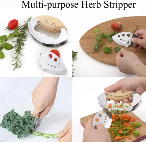 Vista 5 de Mezzaluna - Herramientas para picar ensaladas con cubierta protectora, cuchillo de corte de doble hoja de mano súper afilado, cuchillo balancín