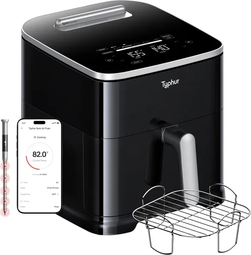 Typhur Sync 8 QT AI Smart Air Fryer con termómetro inalámbrico integrado Negro+plata+estante de acero inoxidable