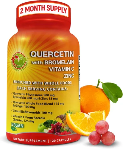Quercetina con bromelina vitamina C y zinc enriquecido con alimentos integrales orgánicos, 1215 mg por porción, fitosoma de quercetina de 500 mg
