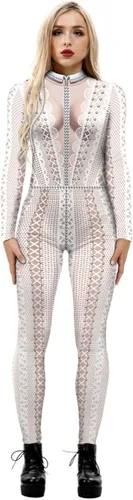 Vista 17 de Disfraz de esqueleto de calavera para Halloween para mujer, overol elástico y ajustado Skull Skeleton Costume Jumpsuits Stretch Skinny Catsuit