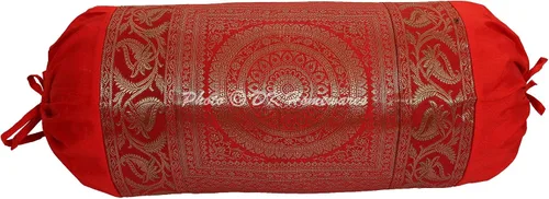 Fundas de almohada de seda de brocado de jacquard indio para cama, cilíndrico hotdog rojo, masand de yoga, decoración del hogar, sala de estar,
