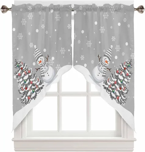 Vista 10 de BEMIGO Cortinas de cocina de Navidad, lindas cortinas de granja con muñeco de nieve azul, cenefa con bolsillo para barra de copos de nieve